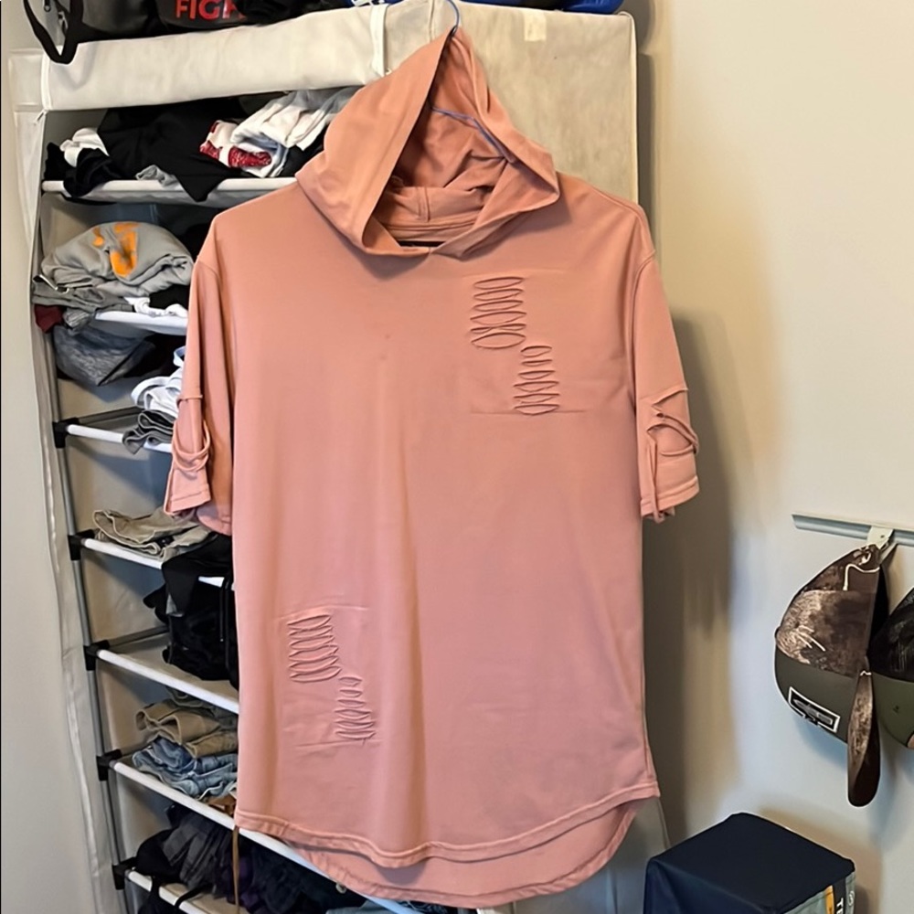 Pink short sleeve sweatshirt with rips